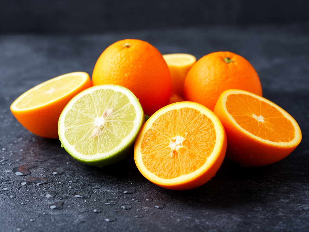 Prerezani limuni i narandže poslagani na tamnom kamenom stolu, sa jarkim citrusnim bojama i kapljicama prirodnog soka