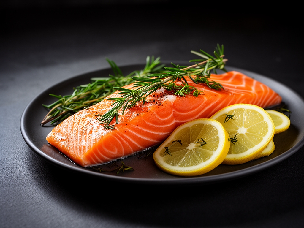 Sveži filet lososa sa herbama i limunom na tamnom kuhinjskom stolu, sa bočnim osvetljenjem koje naglašava vlažnu teksturu ribe