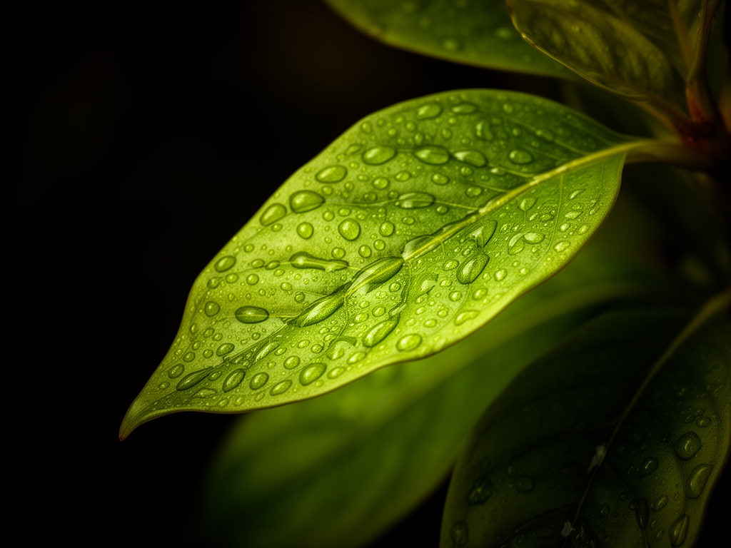 Makrografija svežih biljnih listova i kapljica vode na tamnoj pozadini sa dubokim senkama i toplim zelenim nijansama