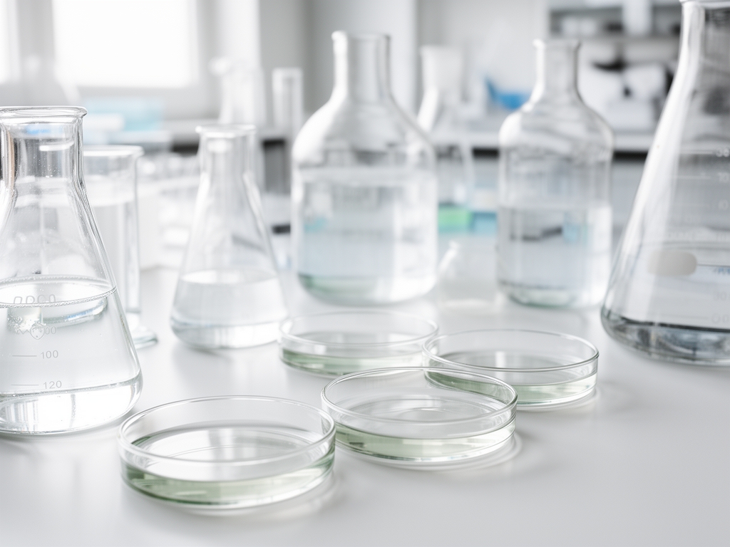 Naučna laboratorijska sredina sa staklenim posudama, Petrijevim šoljama i destilovanom vodom u prirodnom belom svetlu bez kliničke atmosfere